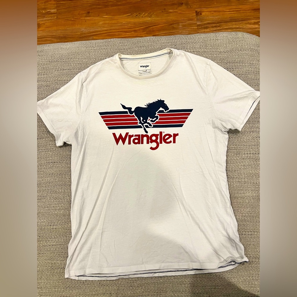 Wrangler White Tee with Red and Blue Graphic
